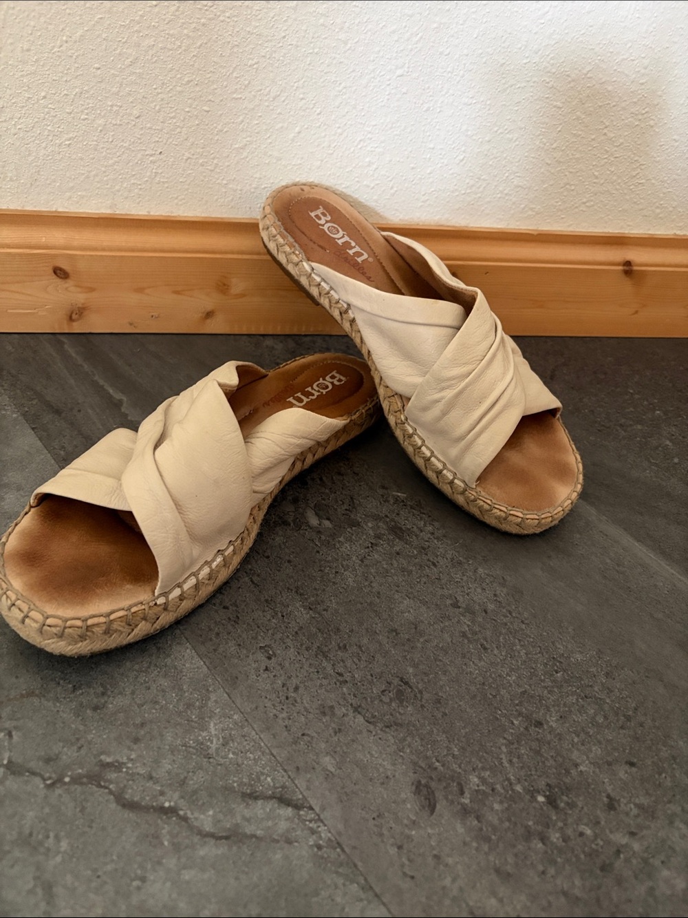 Born Cream Twisted Leather Espadrille Slide Sandals
